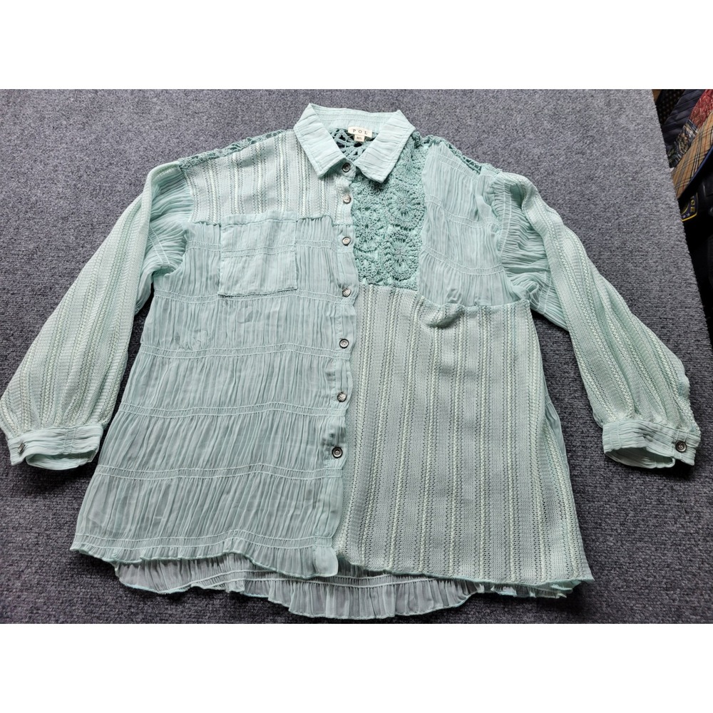 POL Mixed Media Crochet Lace Pleated Button Down Shirt Sage Green SMT2268E M/L